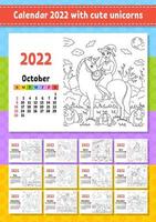 calendario para 2022 con un lindo personaje. unicornio de hadas. página para colorear. diseño divertido y brillante. Ilustración de vector de color aislado. estilo de dibujos animados.