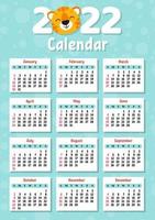 Calendar for 2022 with a cute tiger symbol of the new year. Fun and bright design. Isolated color vector illustration. cartoon style.