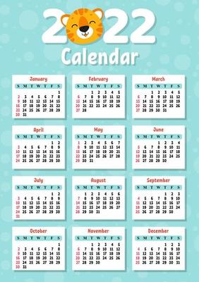 Calendar for 2022 with a cute tiger symbol of the new year. Fun and bright design. Isolated color vector illustration. cartoon style.