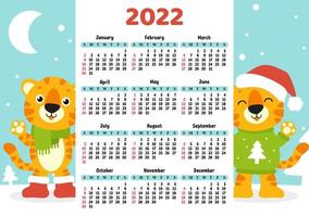 calendario para 2022 con un lindo símbolo de tigre del año nuevo. diseño divertido y brillante. Ilustración de vector de color aislado. estilo de dibujos animados.