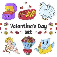 Set of cute cartoon characters. Valentine's Day clipart. Hand drawn. Colorful pack. Vector illustration. Patch badges collection. Label design elements. For daily planner, diary, organizer.