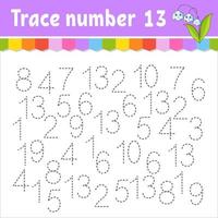 Trace number . Handwriting practice. Learning numbers for kids. Education developing worksheet. Activity page. Game for toddlers and preschoolers. Isolated vector illustration in cute cartoon style.