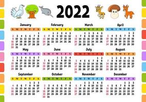 calendario para 2022 con un lindo personaje. diseño divertido y brillante. Ilustración de vector de color aislado. estilo de dibujos animados.