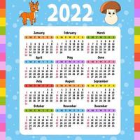 calendario para 2022 con un lindo personaje. diseño divertido y brillante. Ilustración de vector de color aislado. estilo de dibujos animados.