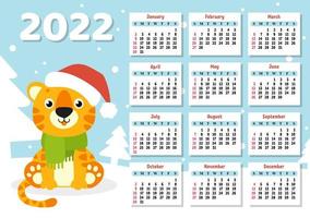 Calendar for 2022 with a cute tiger symbol of the new year. Fun and bright design. Isolated color vector illustration. cartoon style.