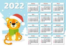 calendario para 2022 con un lindo símbolo de tigre del año nuevo. diseño divertido y brillante. Ilustración de vector de color aislado. estilo de dibujos animados.