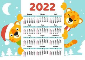 Calendar for 2022 with a cute tiger symbol of the new year. Fun and bright design. Isolated color vector illustration. cartoon style.