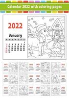 calendario para 2022 con un lindo personaje. unicornio de hadas. página para colorear. diseño divertido y brillante. Ilustración de vector de color aislado. estilo de dibujos animados.