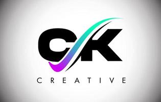 Logotipo de letra ck con línea curva swoosh creativa y fuente en negrita y colores vibrantes vector