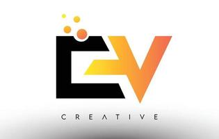 EV Black Orange Letter Logo Design. EV Icon with Dots and Bubbles Vector Logo