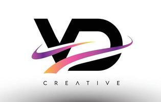 icono de diseño de letra de logotipo vd. Letras vd con coloridas líneas creativas de swoosh. vector