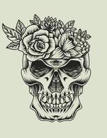 ilustración, vector, monocromo, cráneo, cabeza, con, flor