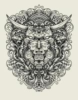 Illustration vector bull head with engraving ornament style