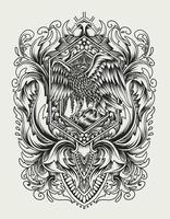 ilustración, vector, águila, pájaro, con, vendimia, grabado, ornamento vector