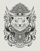 ilustración, vector, cabeza de gato, con, vendimia, grabado, ornamento vector