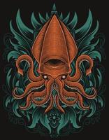 illustration vector squid with engraving ornament