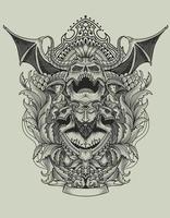 Demon skull with antique engraving pattern-vector illustration vector