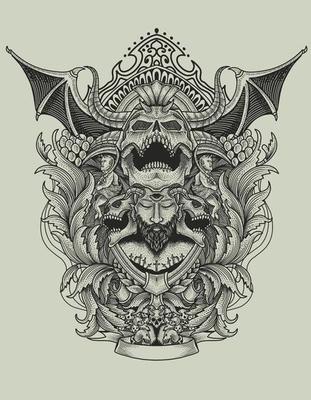 Demon skull with antique engraving pattern-vector illustration