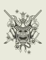 ilustración, vector, samurai, cabeza, monocromo, estilo vector
