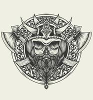 Ilustración vectorial cabeza de vikingo con estilo monocromo de dos hachas vector