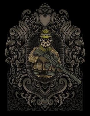 illustration vintage skull army with engraving style