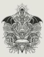 Ilustración vectorial de dibujo a mano alzada, cabeza de dragón con dos tigre y ángel de la muerte en el patrón de grabado
