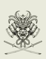 ilustración, vector, samurai, cabeza, monocromo, estilo vector