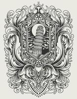 Illustration vector Tower of pisa with vintage engraving ornament