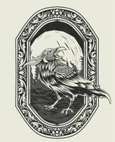 ilustración, vector, pájaro, cuervo, con, vendimia, grabado, ornamento vector