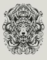 Illustration vector wolf head with vintage engraving ornament