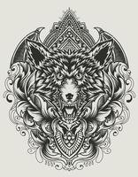 Illustration vector wolf head with vintage engraving ornament
