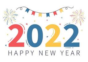 Feliz año nuevo 2022 ilustración de diseño plano de plantilla con cintas y confeti sobre un fondo colorido para carteles, folletos o pancartas