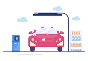 Car Wash Service Flat Design illustration. Workers Washing Automobile Using Sponges Soap and Water for Background, Poster or Banner vector