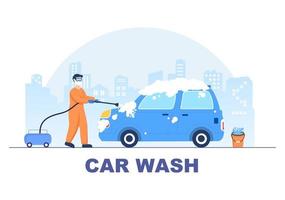 Ilustración de diseño plano de servicio de lavado de coches. Trabajadores lavando automóviles con esponjas, jabón y agua para el fondo, póster o pancarta vector