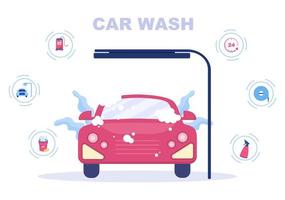 Car Wash Service Flat Design illustration. Workers Washing Automobile Using Sponges Soap and Water for Background, Poster or Banner vector