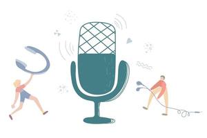 podcast, radio, programa de audio. hombre con auriculares y micrófono. radiodifusión por Internet, entretenimiento multimedia vector