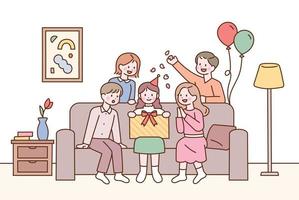 Friends are sitting together on the sofa in the living room and celebrating a birthday. vector