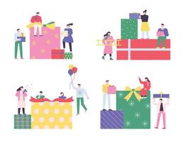 People are stacking gift boxes around huge gift boxes. vector