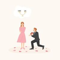 A man in a suit is making a proposal. A woman is thinking about her lifestyle. vector