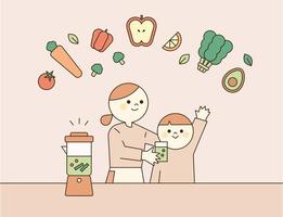 A mother is making her child drink juice made from various vegetables and fruits. vector