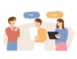 Two people are asking for business help and the other is making a gesture of refusal. vector