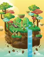 Floating island illustration with trees, windmill, houses, and waterfall vector