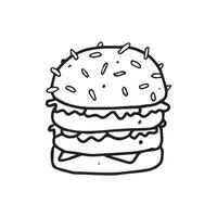 una ilustración dibujada a mano de una hamburguesa. un alimento ilustrado en un esquema. dibujo incoloro del plato occidental para el diseño de elementos decorativos. vector