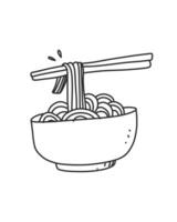 Ilustración dibujada a mano de comida. un plato de fideos con palillos. dibujo incoloro del plato oriental para el diseño de elementos decorativos. vector