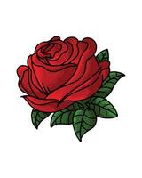 a beautiful illustration of a red rose. a blooming rose with green leaves isolated on white for element design. a vector art for wedding invitation, romantic event, greeting card, etc.