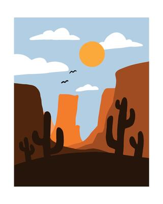 barren desert landscape illustration in portrait. the beauty of Mexican nuance in vector for sticker, card, wall art, etc.