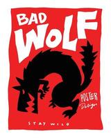 Diseño de cartel de lobo enojado sobre fondo rojo. silueta de lobo salvaje en diseño gráfico vectorial para póster, volante e impresión. el texto del lobo malo. vector