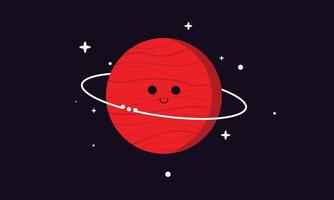 sonriente lindo planeta en el espacio oscuro. Saturno rojo con anillos y estrellas sobre fondo negro. Ilustración de dibujos animados animados dibujados a mano del vector de ciencia astronómica.