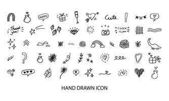 Conjunto de iconos dibujados a mano de linda decoración a diario. Ilustración de icono de doodle simple en vector para decorar cualquier diseño.