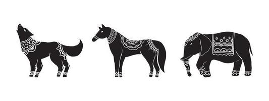 the abstract object in contemporary Scandinavian styles. silhouette ink vector illustrations of wolf, horse, and elephant that have some ornament pattern on the back.